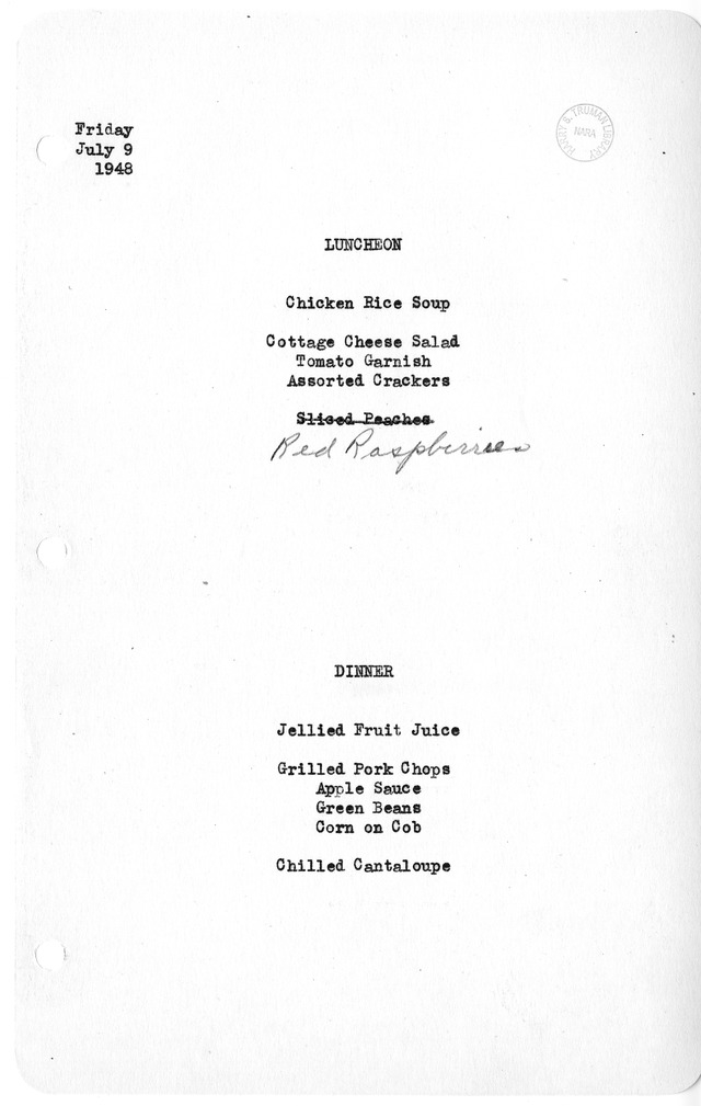 White House Luncheon and Dinner Menu
