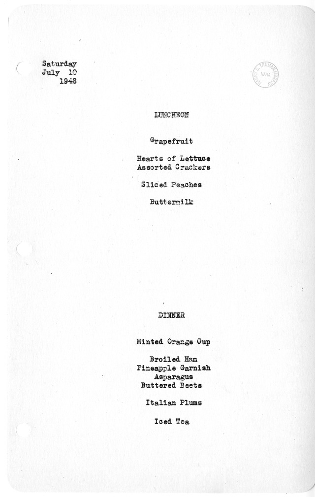 White House Luncheon and Dinner Menu