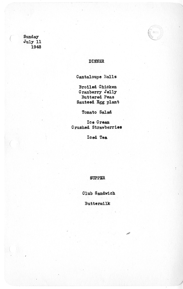 White House Dinner and Supper Menu