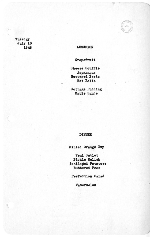 White House Luncheon and Dinner Menu