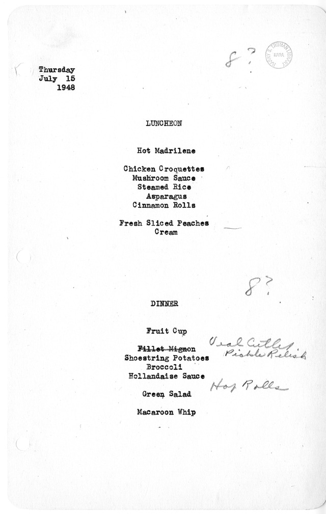 White House Luncheon and Dinner Menu