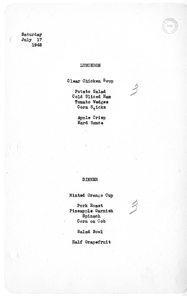 White House Luncheon and Dinner Menu