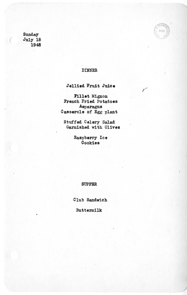 White House Dinner and Supper Menu