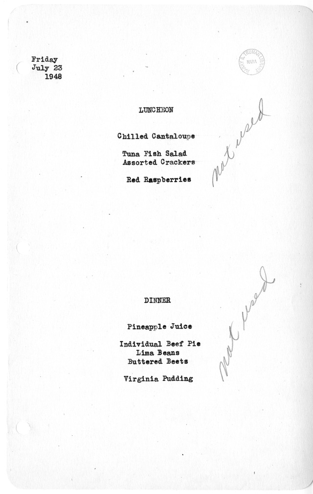 White House Luncheon and Dinner Menu
