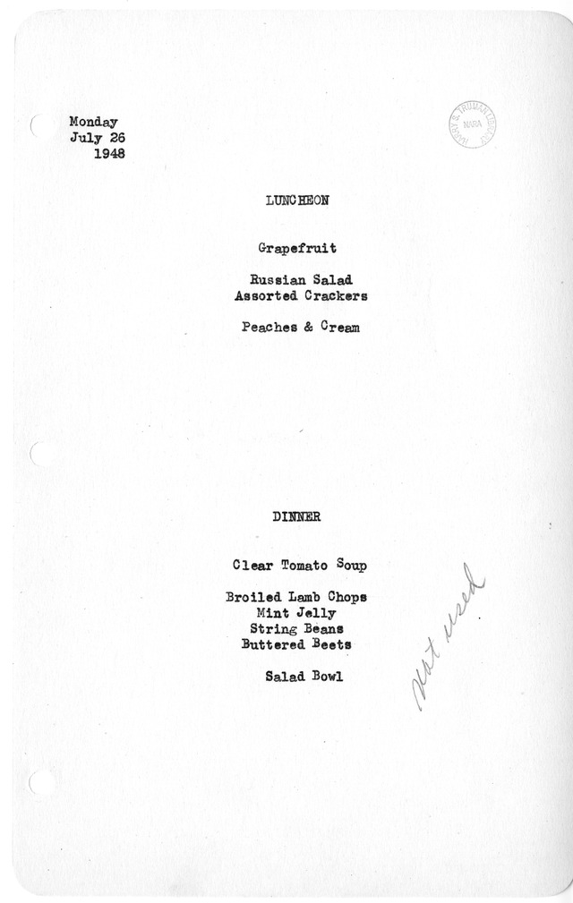White House Luncheon and Dinner Menu