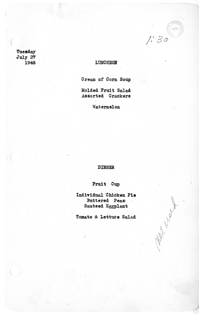 White House Luncheon and Dinner Menu