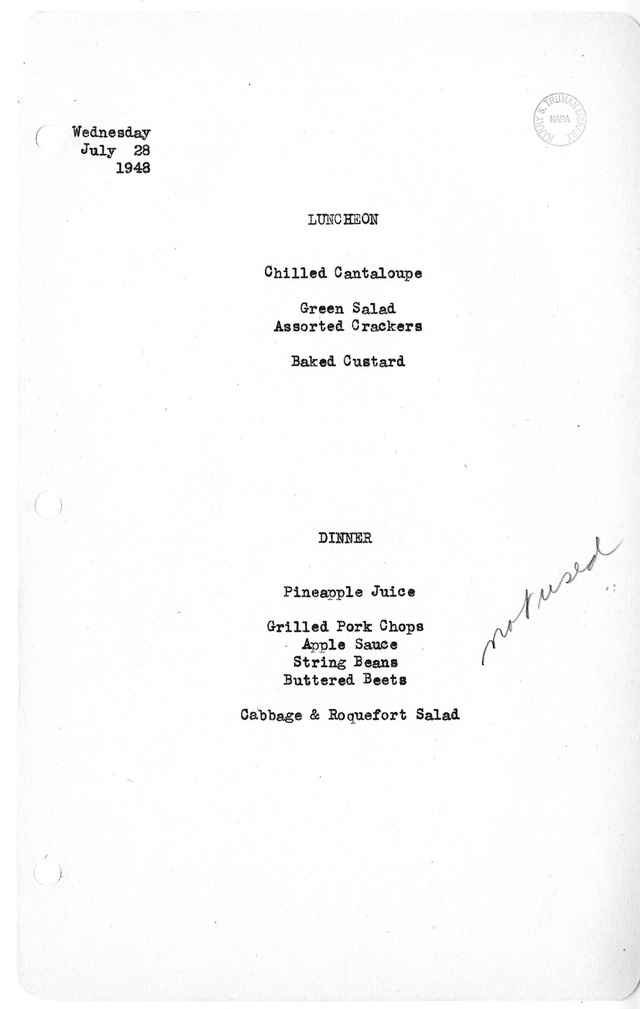White House Luncheon and Dinner Menu