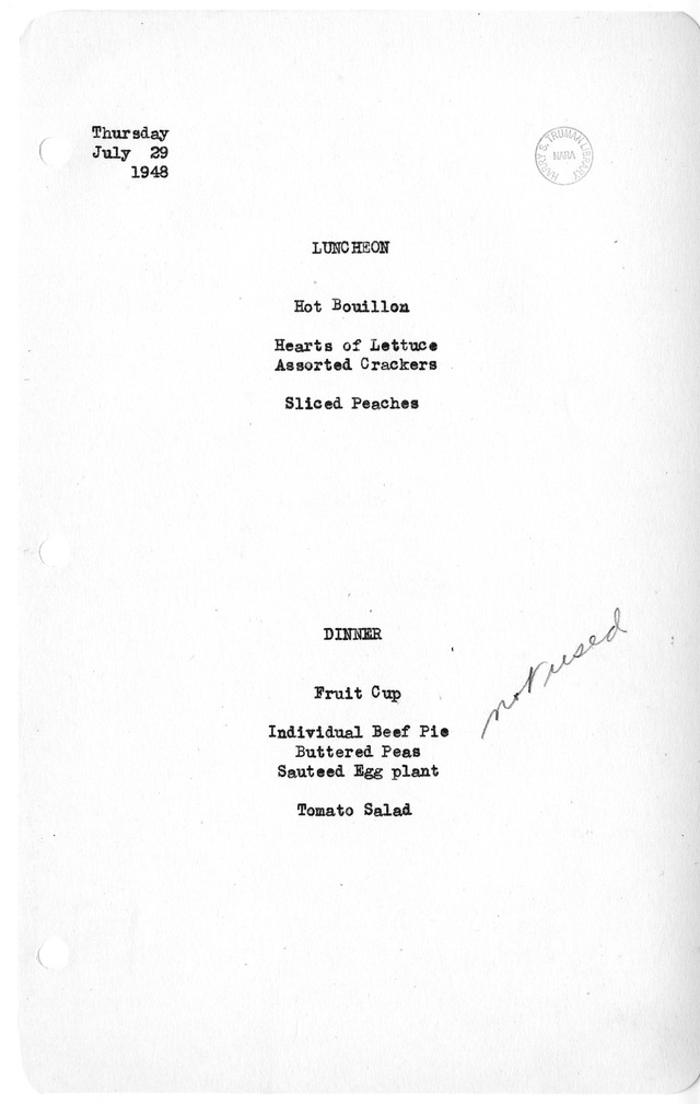 White House Luncheon and Dinner Menu