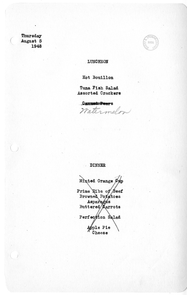 White House Luncheon and Dinner Menu