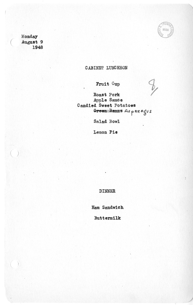 White House Luncheon and Dinner Menu