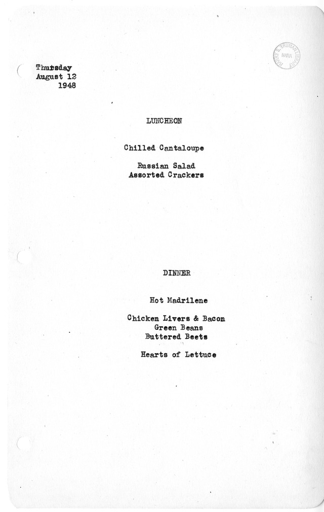 White House Luncheon and Dinner Menu