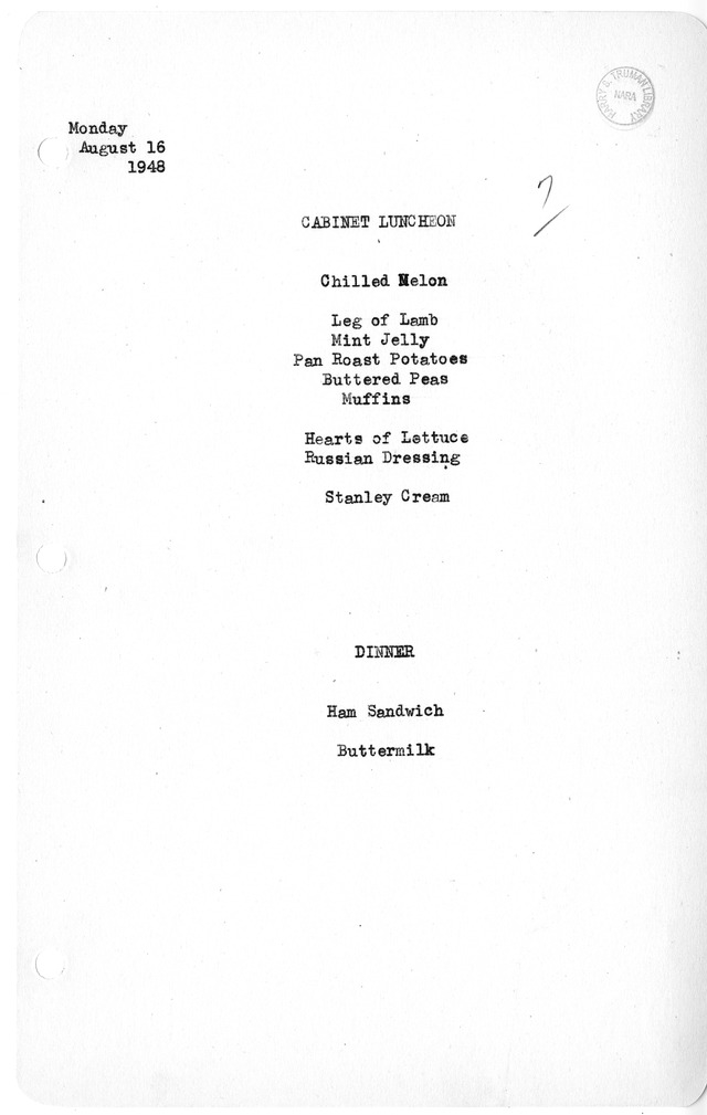 White House Luncheon and Dinner Menu