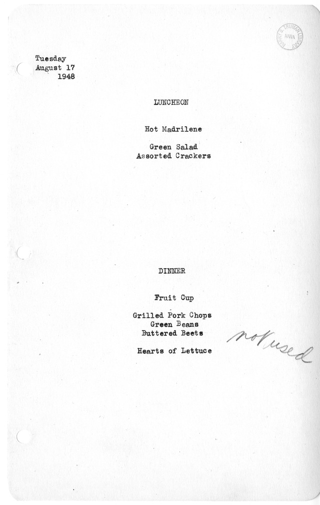 White House Luncheon and Dinner Menu