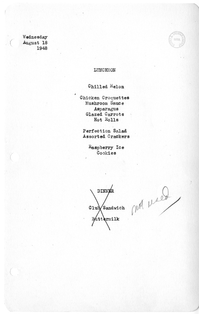 White House Luncheon and Dinner Menu