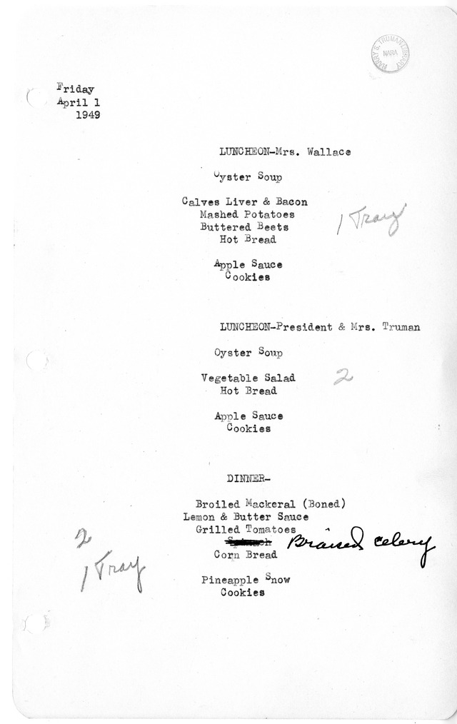 White House Luncheon and Dinner Menu