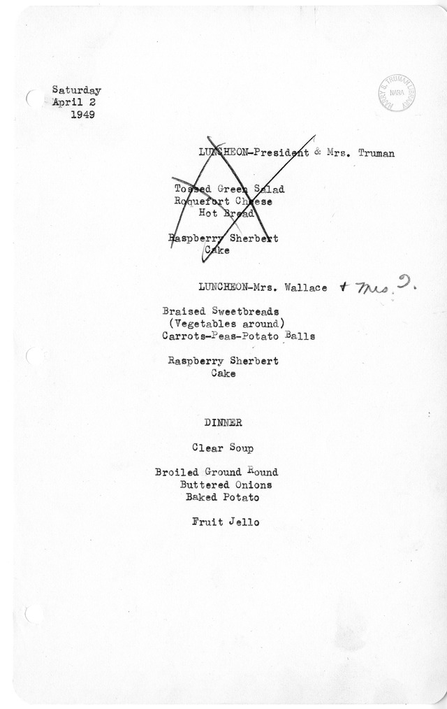White House Luncheon and Dinner Menu