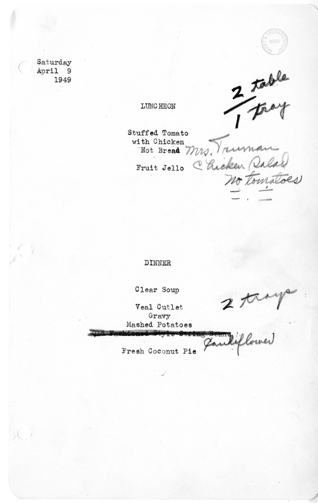 White House Luncheon and Dinner Menu