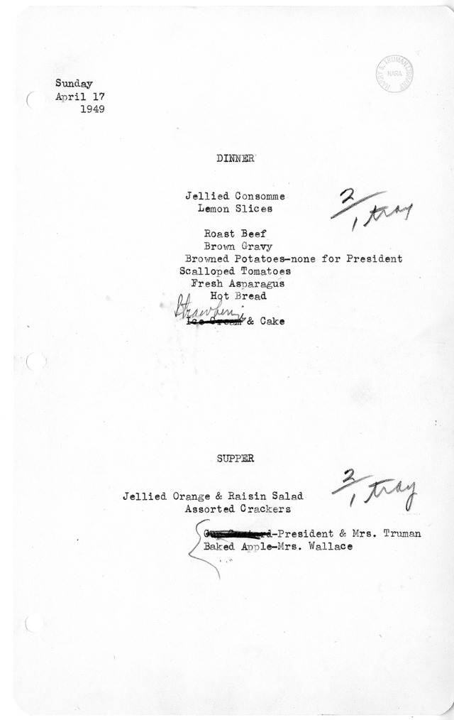 White House Dinner and Supper Menu