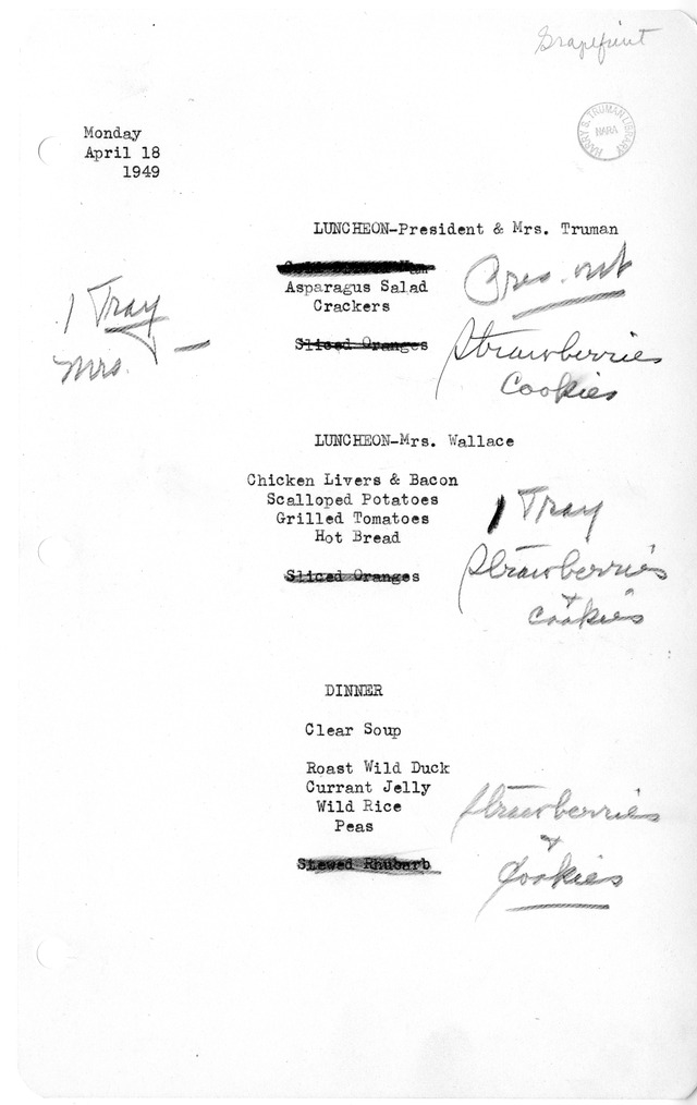 White House Luncheon and Dinner Menu