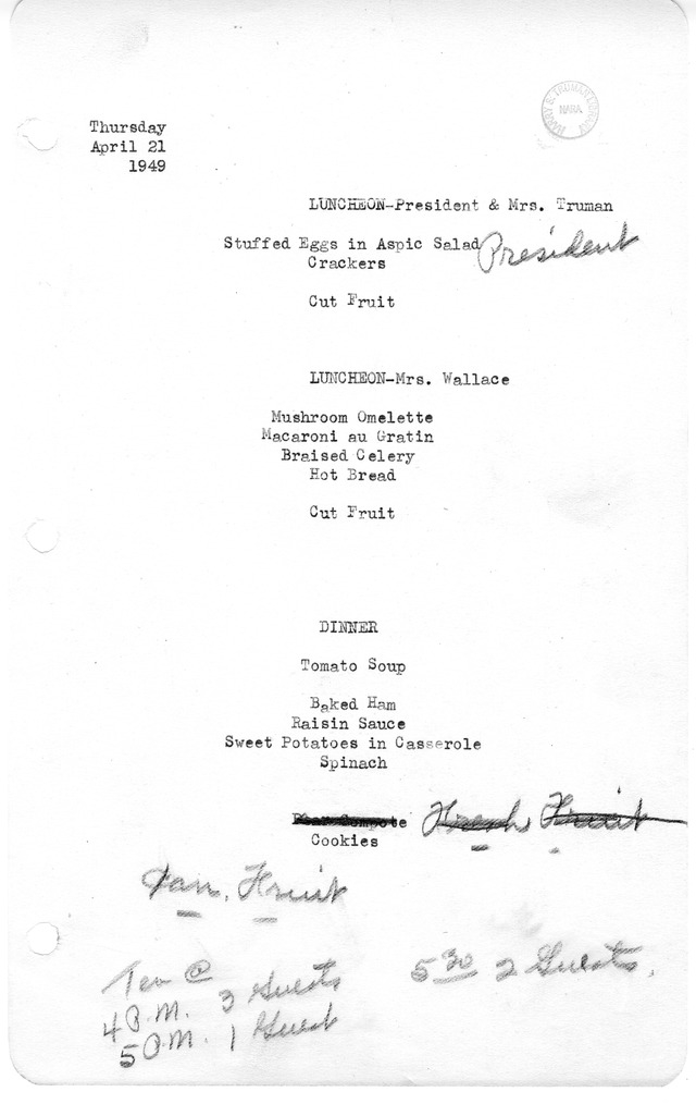 White House Luncheon and Dinner Menu