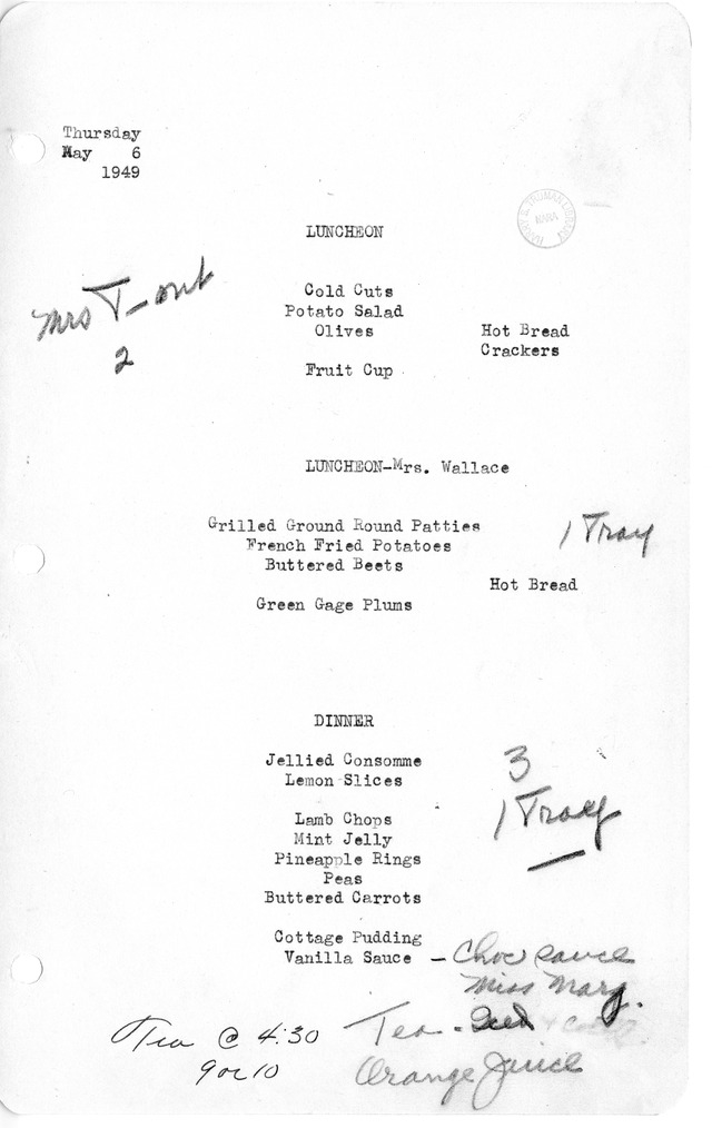 White House Luncheon and Dinner Menu
