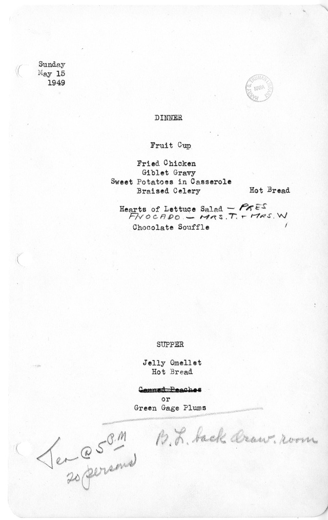 White House Dinner and Supper Menu