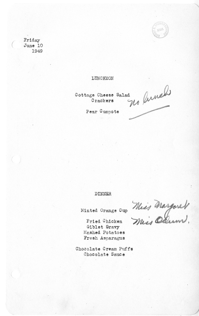 White House Luncheon and Dinner Menu