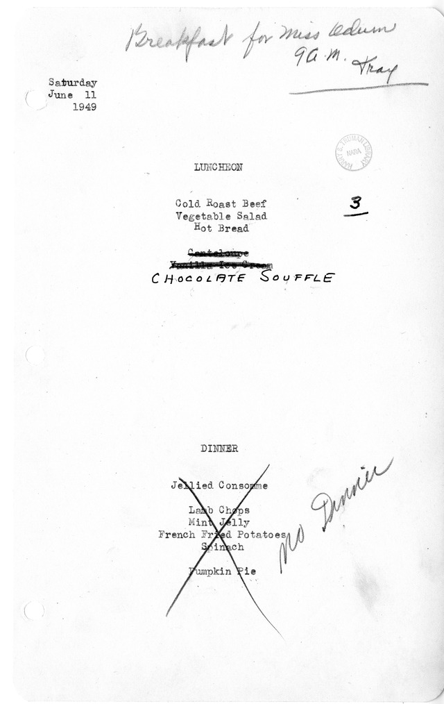 White House Luncheon and Dinner Menu