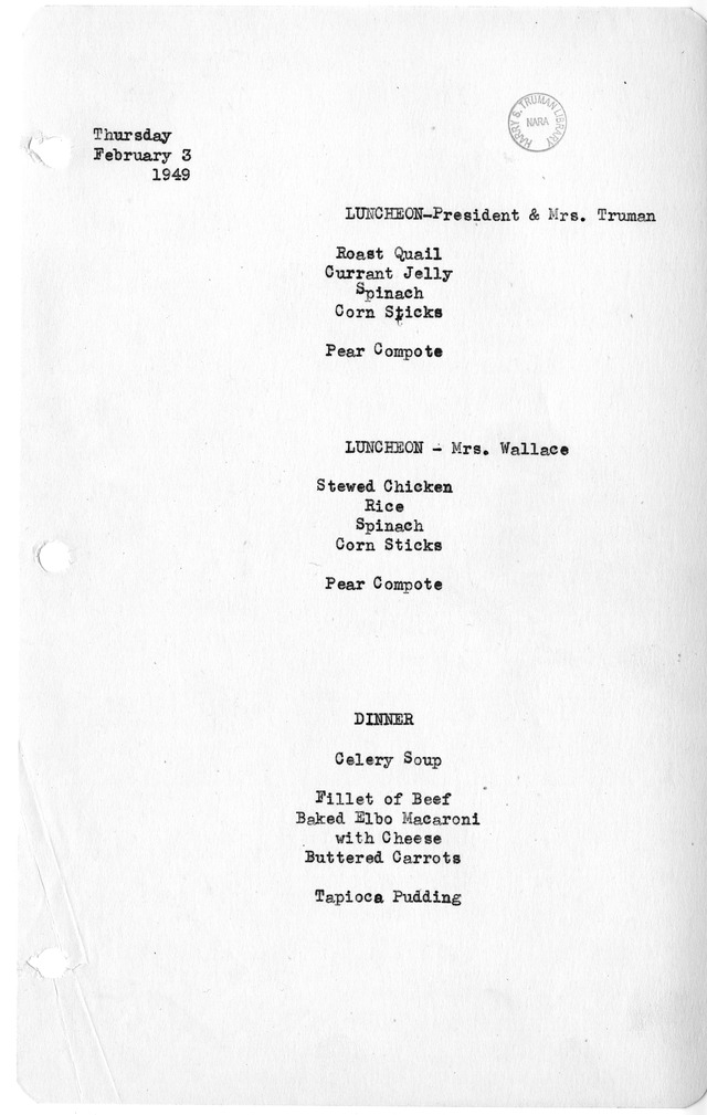 White House Luncheon and Dinner Menu