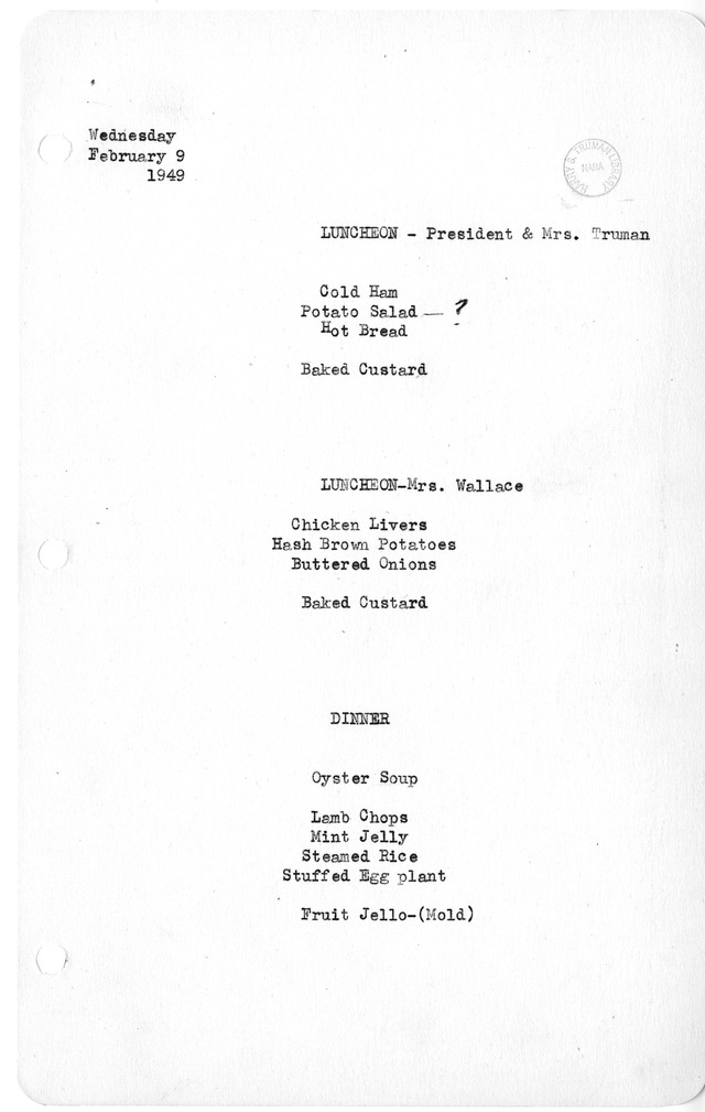 White House Luncheon and Dinner Menu