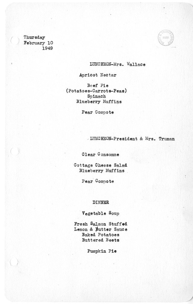 White House Luncheon and Dinner Menu