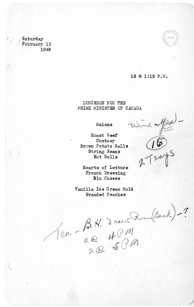 Luncheon for the Prime Minister Louis St. Laurent of Canada