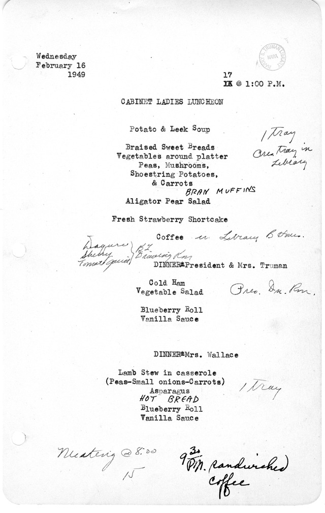 Cabinet Ladies Luncheon and White House Dinner Menu