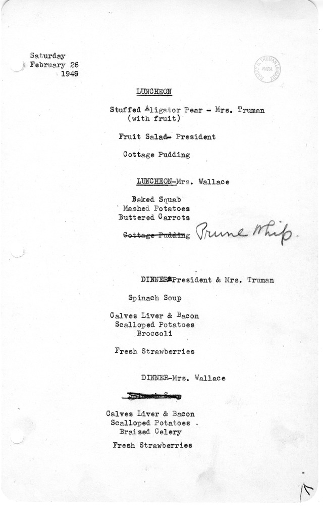 White House Luncheon and Dinner Menu