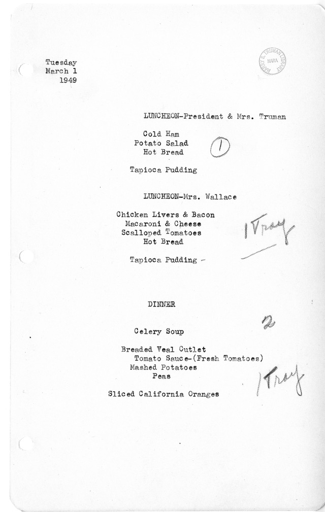 White House Luncheon and Dinner Menu