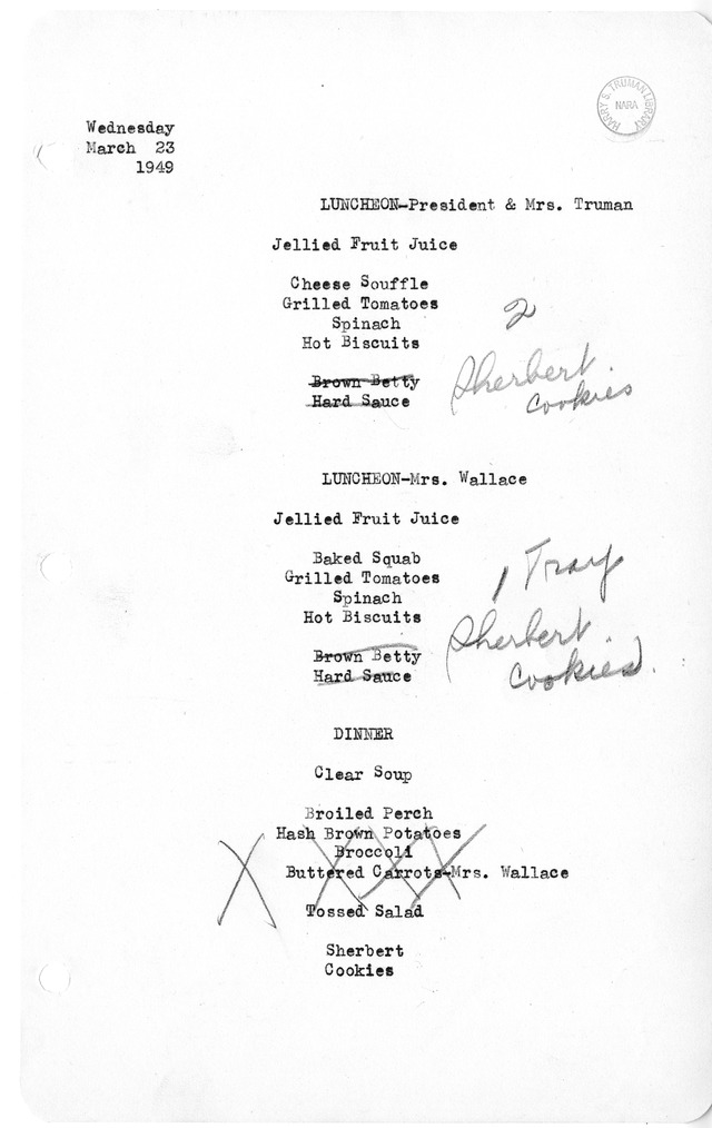 White House Luncheon and Dinner Menu