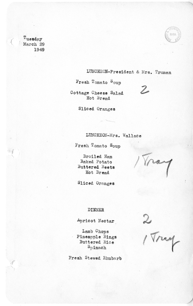 White House Luncheon and Dinner Menu