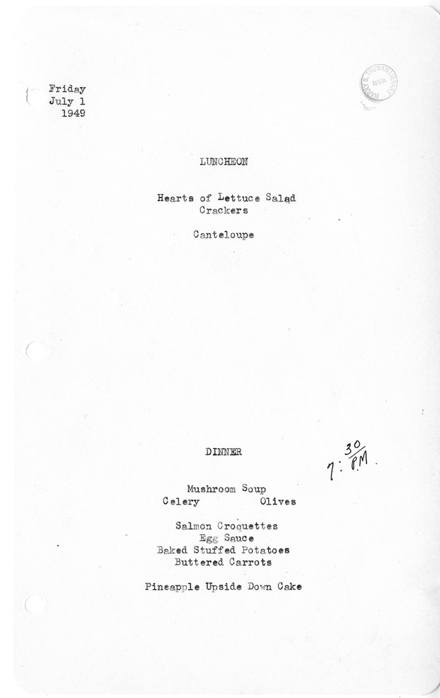 White House Luncheon and Dinner Menu