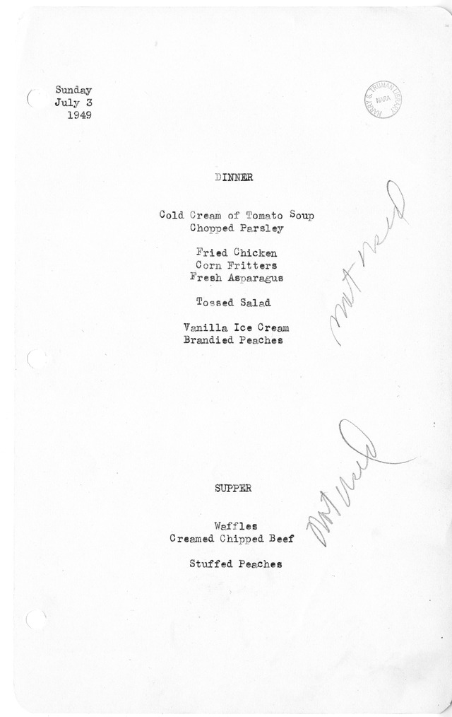 White House Dinner and Supper Menu