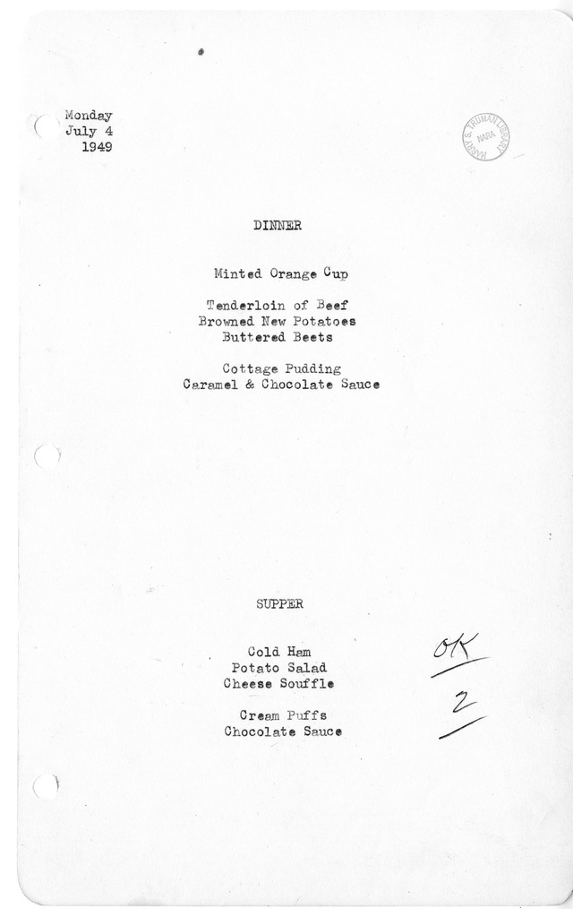 White House Dinner and Supper Menu