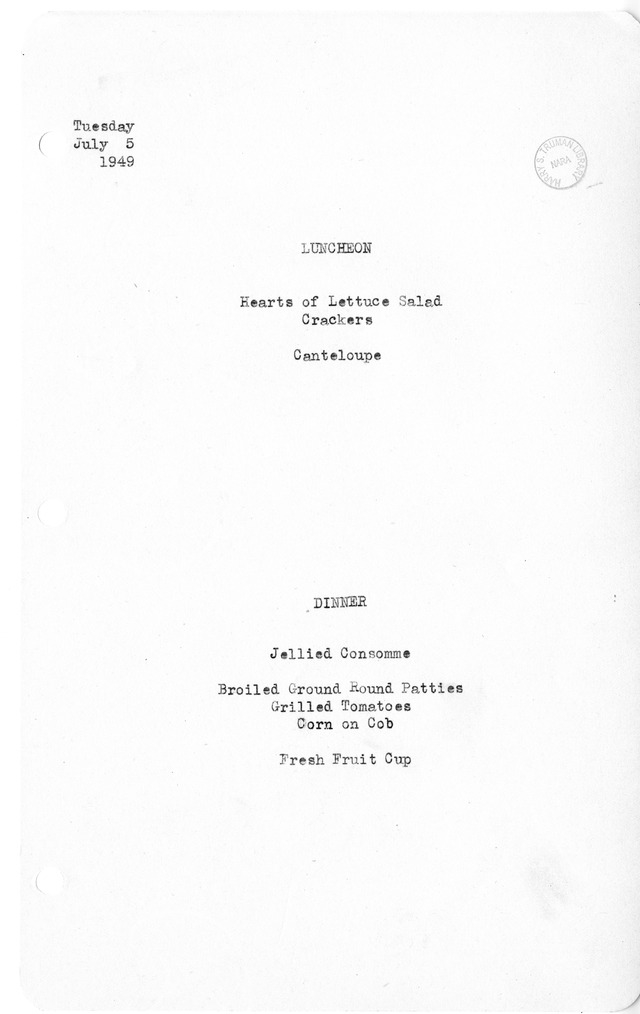 White House Luncheon and Dinner Menu