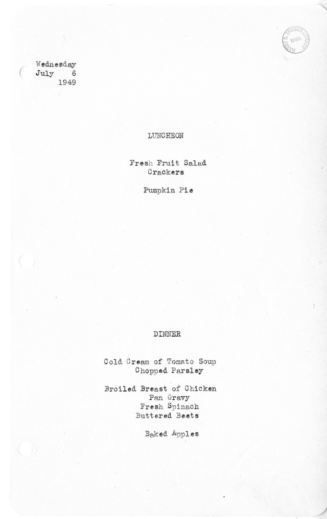 White House Luncheon and Dinner Menu