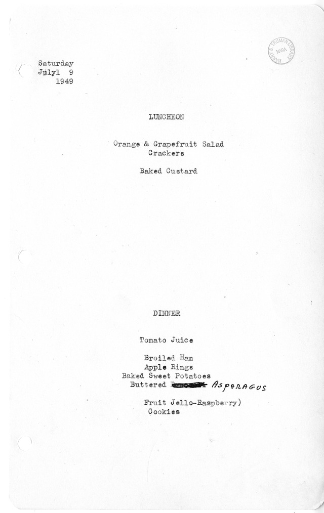 White House Luncheon and Dinner Menu