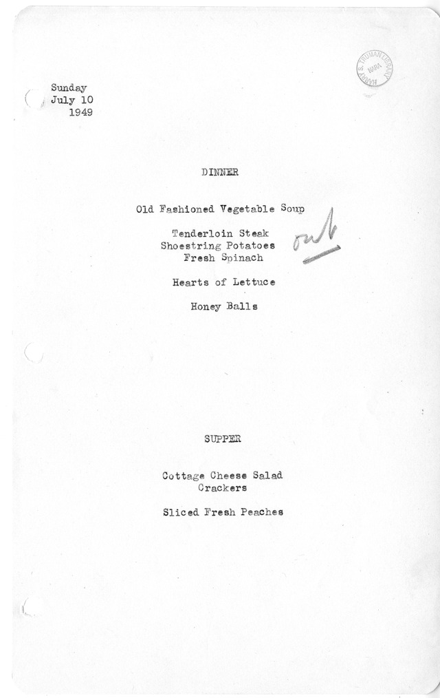 White House Dinner and Supper Menu