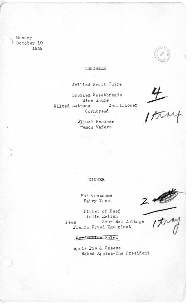 White House Luncheon and Dinner Menu