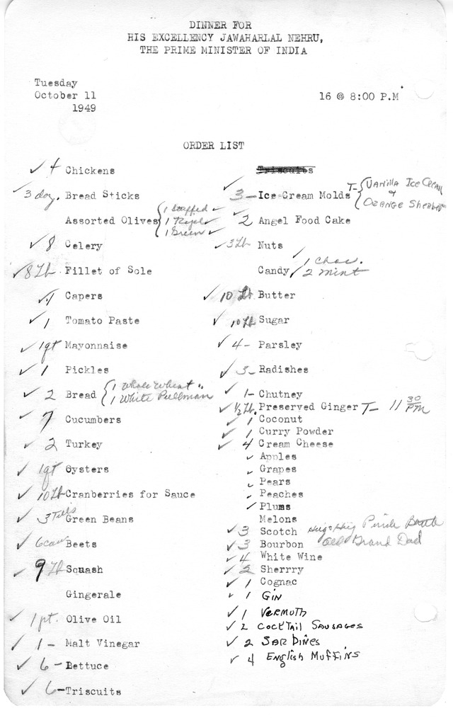 Shopping List for Dinner for His Excellency Jawaharlal Nehru, the Prime Minister of India