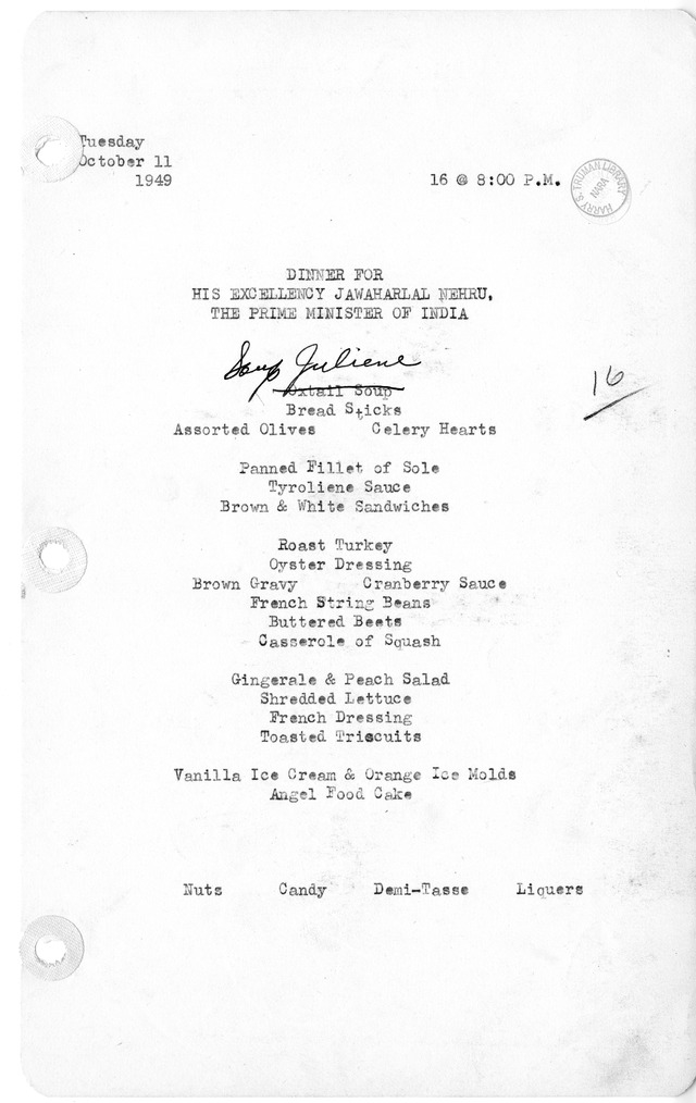 Dinner for His Excellency Jawaharlal Nehru, the Prime Minister of India