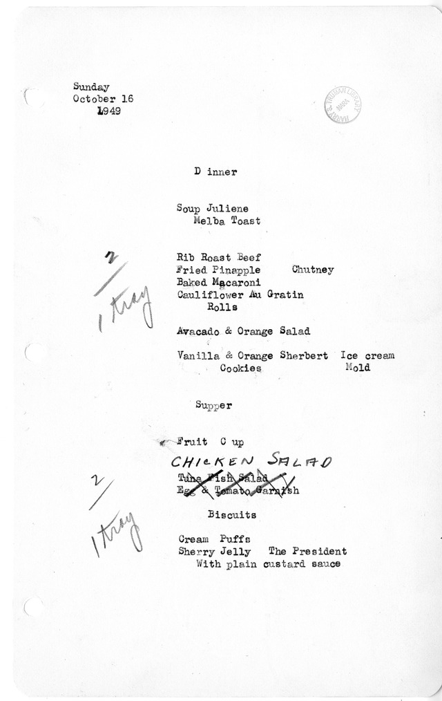 White House Dinner and Supper Menu
