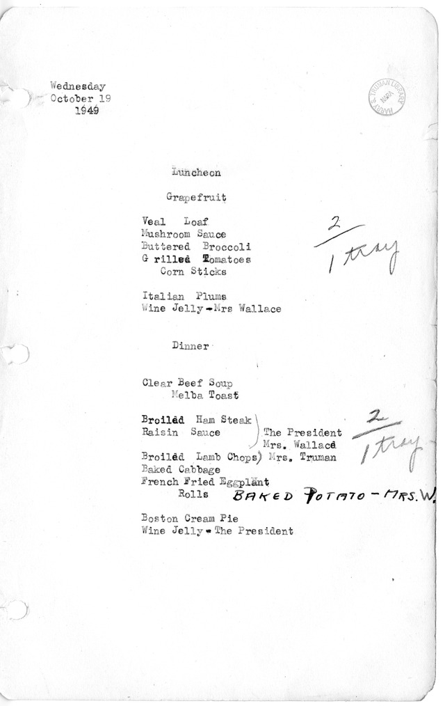 White House Luncheon and Dinner Menu
