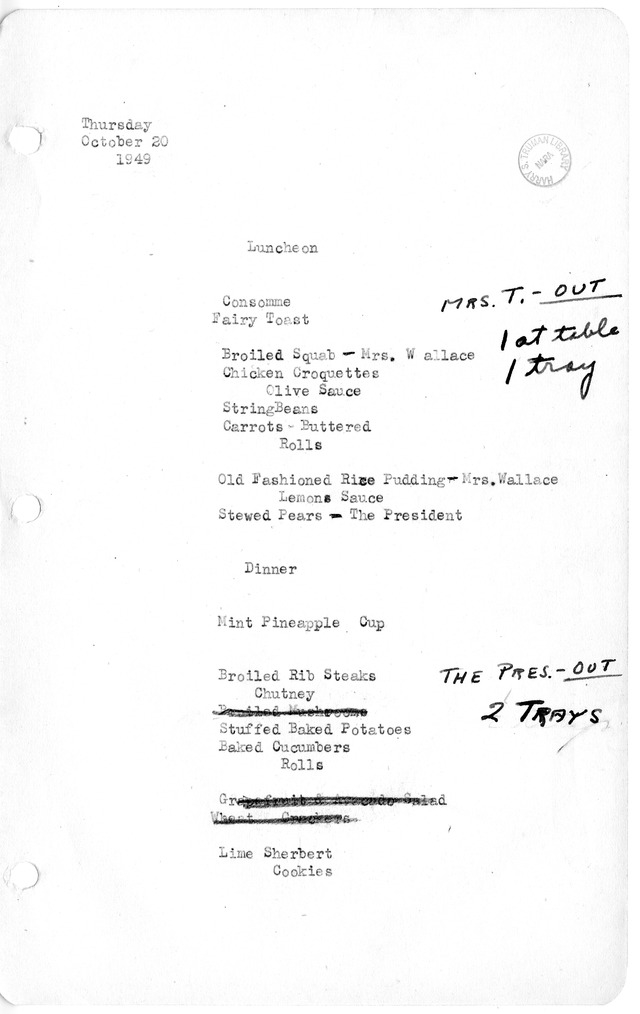 White House Luncheon and Dinner Menu